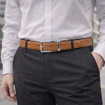 Mens 100% Genuine Leather Belt - REVOLT EDGE Smooth Tan Core (Brown & Black Reversible) — Leather Belts for Men | THE MEN THING
