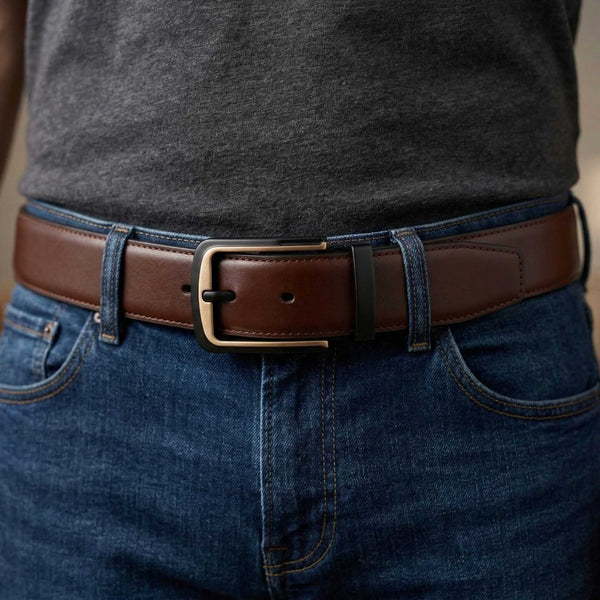 Mens 100% Genuine Leather Belt - SLEEKEDGE Smooth Sleek (Brown & Black Reversible)