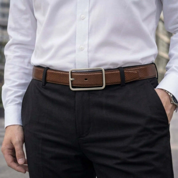 Mens 100% Genuine Leather Belt - STRATA NOIR Diagonal Rib Emboss (Brown & Black Reversible)