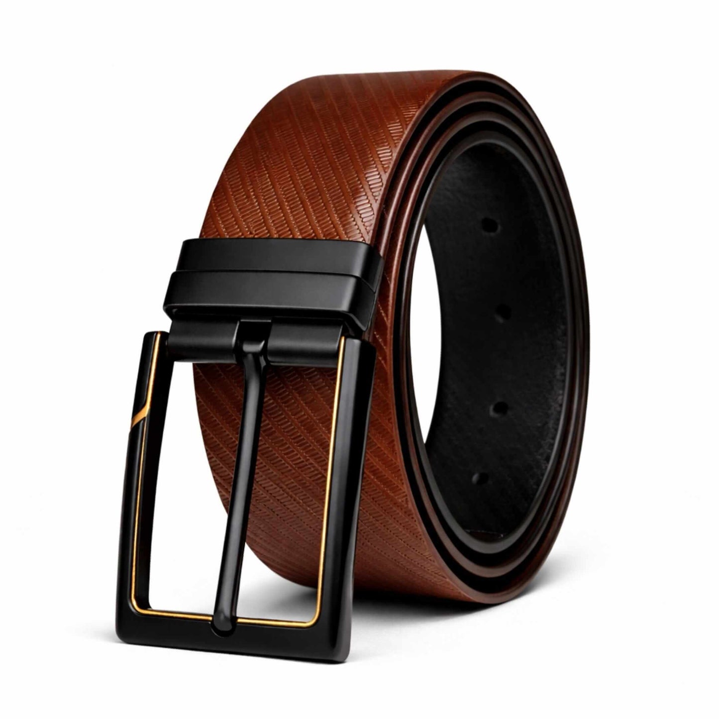 Mens 100% Genuine Leather Belt - STRAVON Ribbed Line Detail (Brown & Black Reversible) — Leather Belts for Men | THE MEN THING