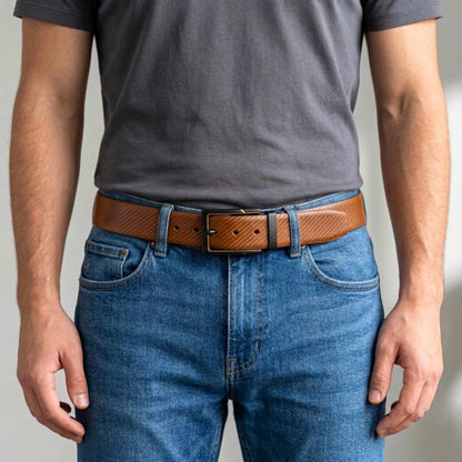 Mens 100% Genuine Leather Belt - STRAVON Ribbed Line Detail (Brown & Black Reversible) — Leather Belts for Men | THE MEN THING