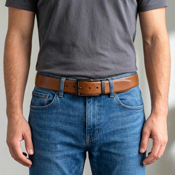 Mens 100% Genuine Leather Belt - STRAVON Ribbed Line Detail (Brown & Black Reversible)