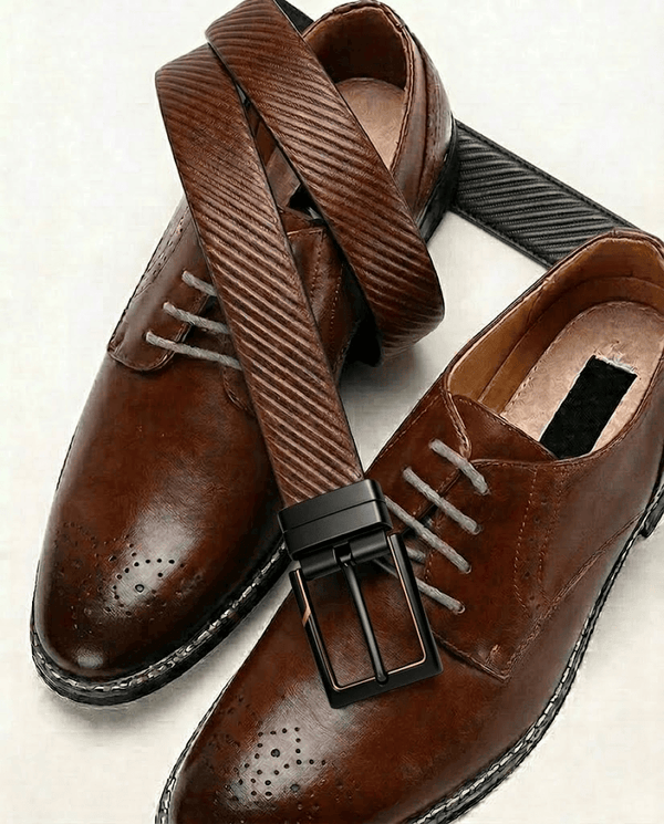Mens 100% Genuine Leather Belt - STRAVON Ribbed Line Detail (Brown & Black Reversible)