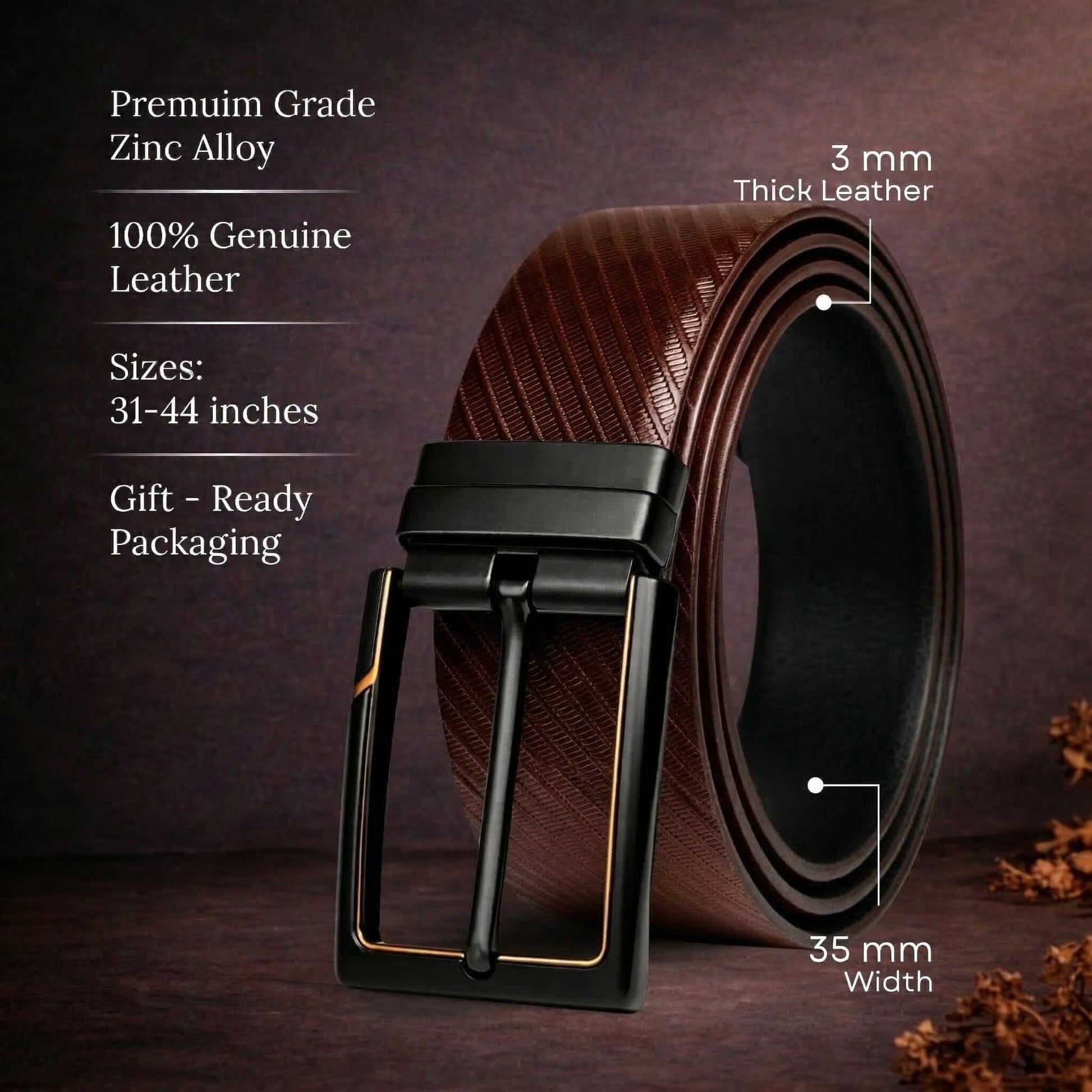 Mens 100% Genuine Leather Belt - STRAVON Ribbed Line Detail (Brown & Black Reversible) — Leather Belts for Men | THE MEN THING