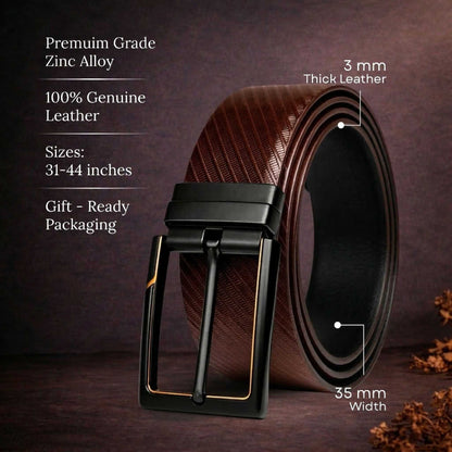 Mens 100% Genuine Leather Belt - STRAVON Ribbed Line Detail (Brown & Black Reversible) — Leather Belts for Men | THE MEN THING