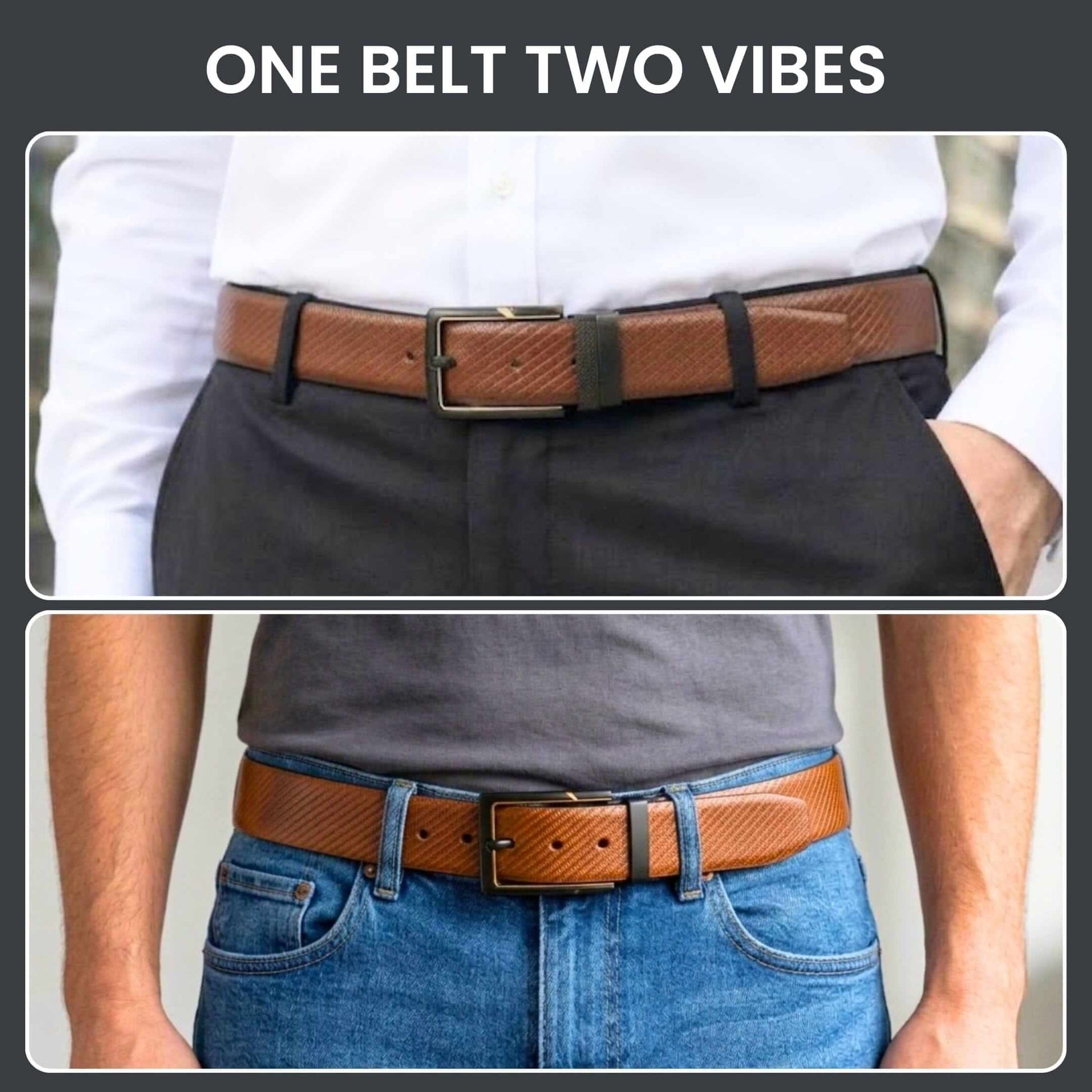 Mens 100% Genuine Leather Belt - STRAVON Ribbed Line Detail (Brown & Black Reversible) — Leather Belts for Men | THE MEN THING