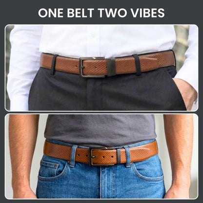Mens 100% Genuine Leather Belt - STRAVON Ribbed Line Detail (Brown & Black Reversible) — Leather Belts for Men | THE MEN THING