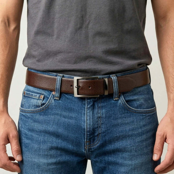 Mens 100% Genuine Leather Belt - STRIAX Fine Texture (Brown & Black Reversible)