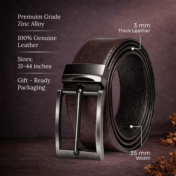 Mens 100% Genuine Leather Belt - STRIAX Fine Texture (Brown & Black Reversible)