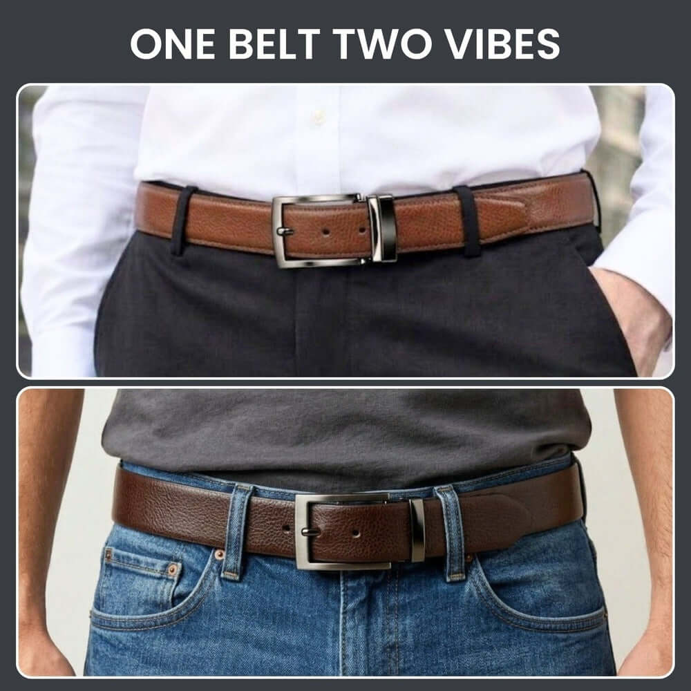 Mens 100% Genuine Leather Belt - STRIAX Fine Texture (Brown & Black Reversible) — Leather Belts for Men | THE MEN THING
