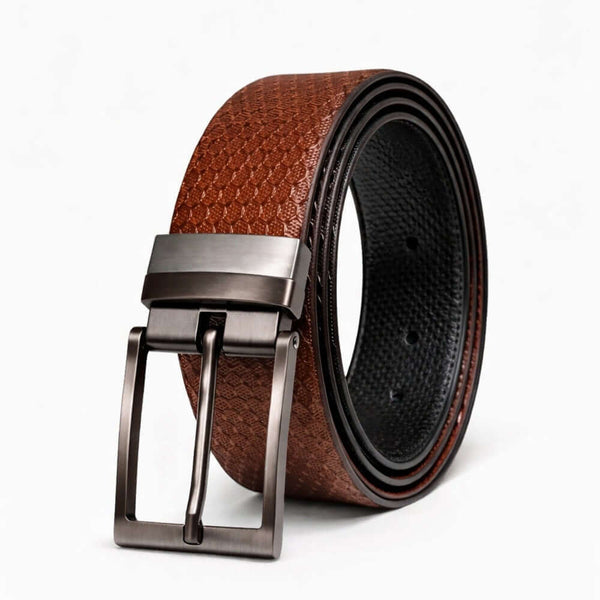 Mens 100% Genuine Leather Belt - STRIVO Dot Grid Emboss (Brown & Black Reversible)