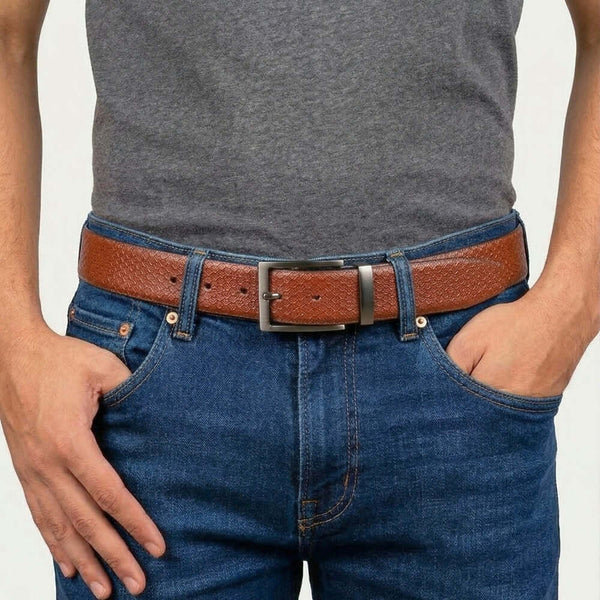 Mens 100% Genuine Leather Belt - STRIVO Dot Grid Emboss (Brown & Black Reversible)