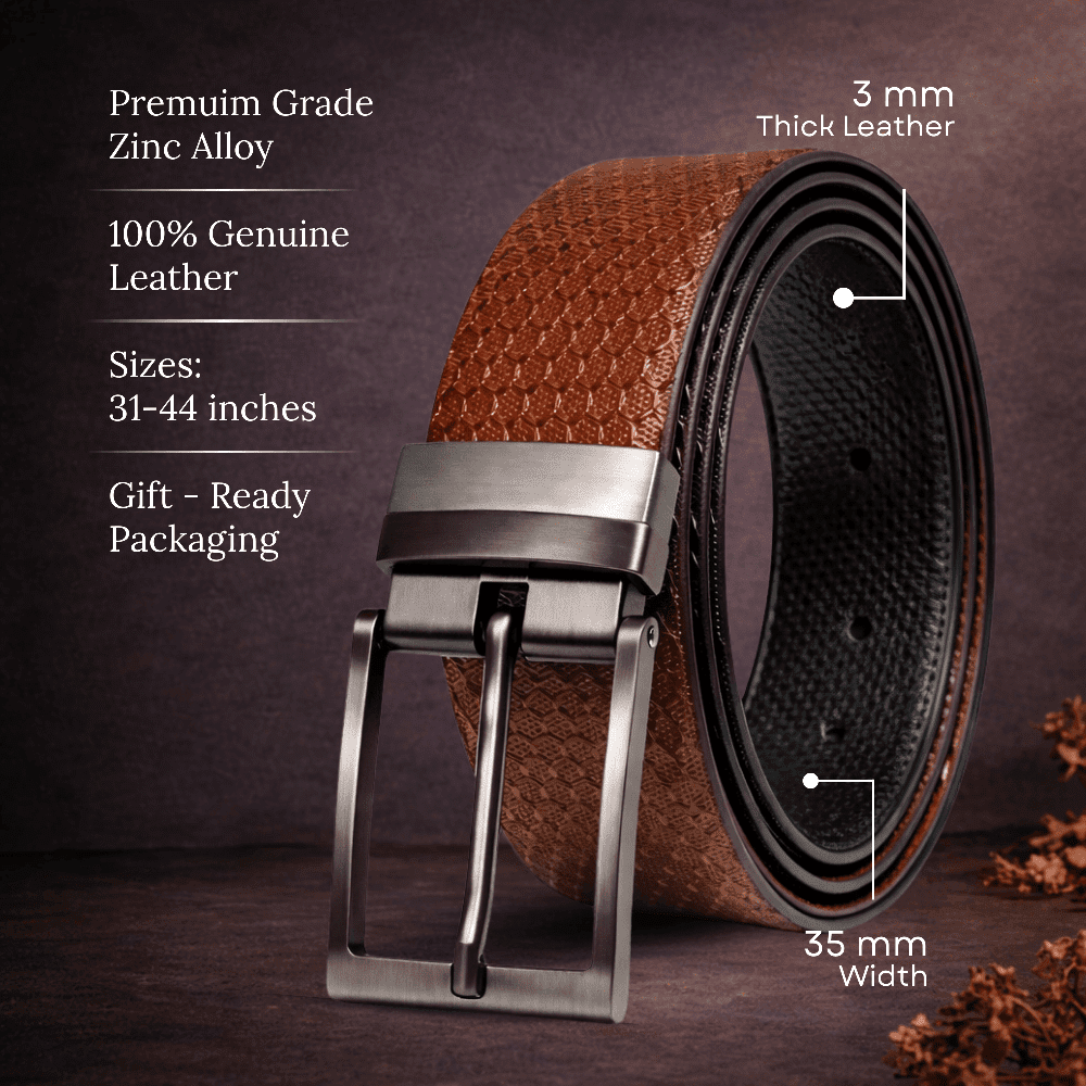 Mens 100% Genuine Leather Belt - STRIVO Dot Grid Emboss (Brown & Black Reversible) — Leather Belts for Men | THE MEN THING