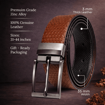 Mens 100% Genuine Leather Belt - STRIVO Dot Grid Emboss (Brown & Black Reversible) — Leather Belts for Men | THE MEN THING