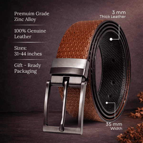 Mens 100% Genuine Leather Belt - STRIVO Dot Grid Emboss (Brown & Black Reversible)