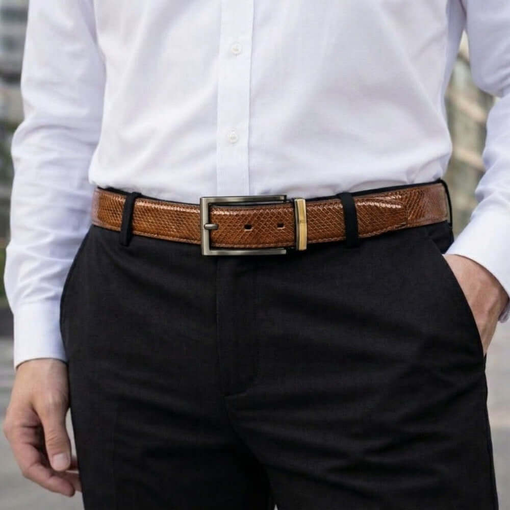 Mens 100% Genuine Leather Belt - STRIVO Dot Grid Emboss (Brown & Black Reversible) — Leather Belts for Men | THE MEN THING