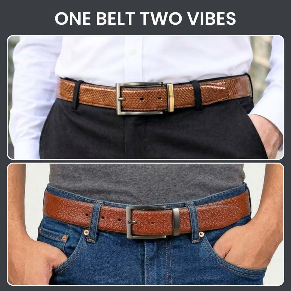 Mens 100% Genuine Leather Belt - STRIVO Dot Grid Emboss (Brown & Black Reversible) — Leather Belts for Men | THE MEN THING