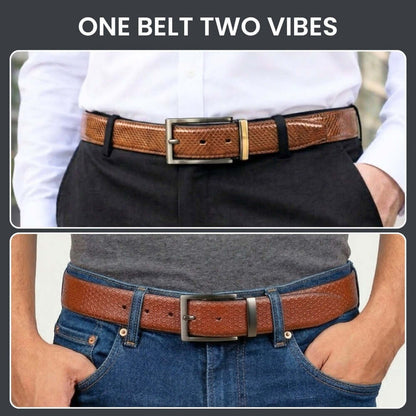 Mens 100% Genuine Leather Belt - STRIVO Dot Grid Emboss (Brown & Black Reversible) — Leather Belts for Men | THE MEN THING