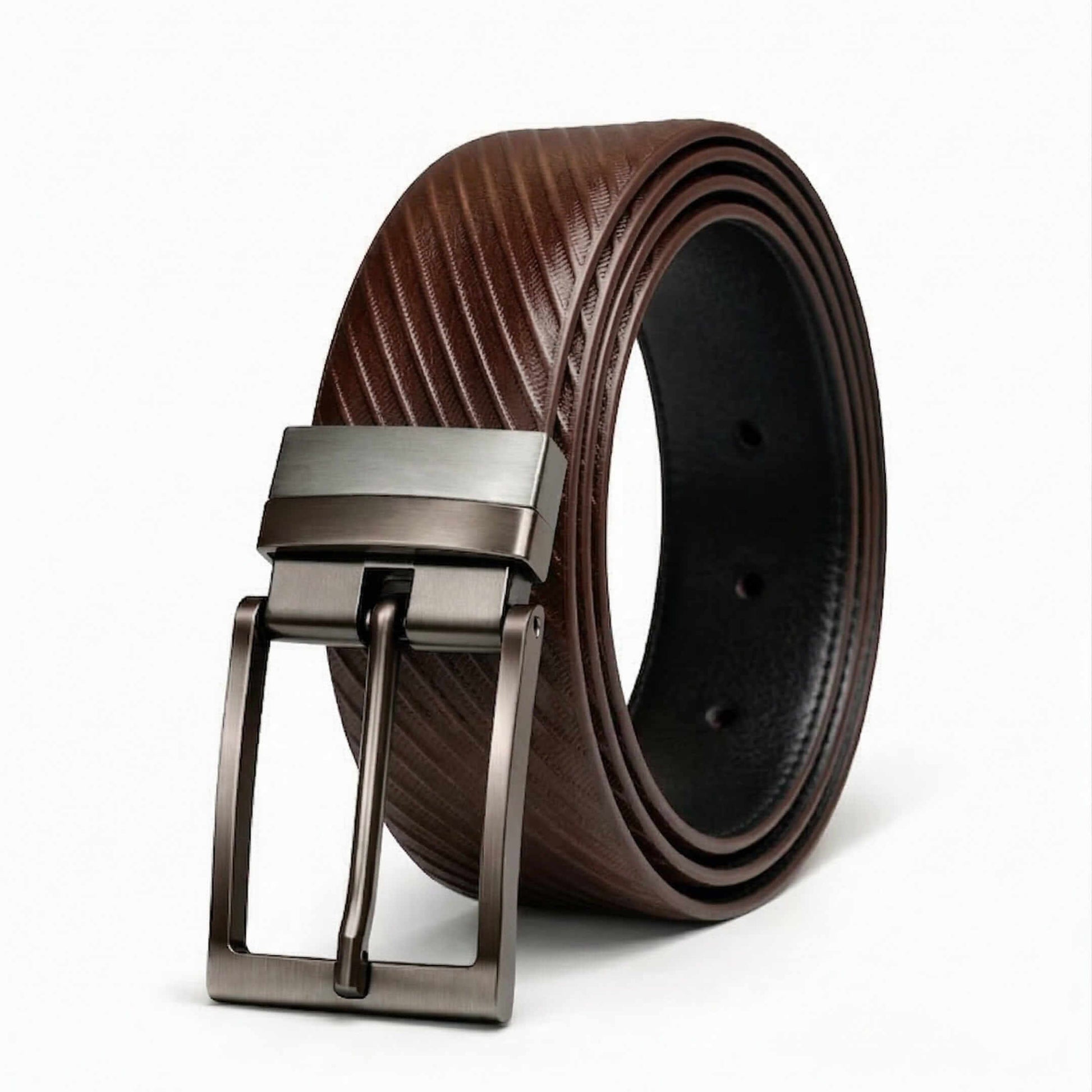 Mens 100% Genuine Leather Belt - STRYX Diagonal Rib Emboss (Brown & Black Reversible) — Leather Belts for Men | THE MEN THING