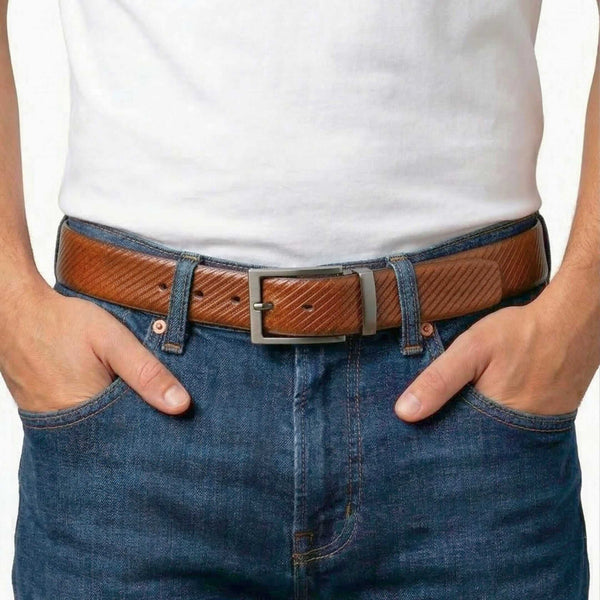 Mens 100% Genuine Leather Belt - STRYX Diagonal Rib Emboss (Brown & Black Reversible)