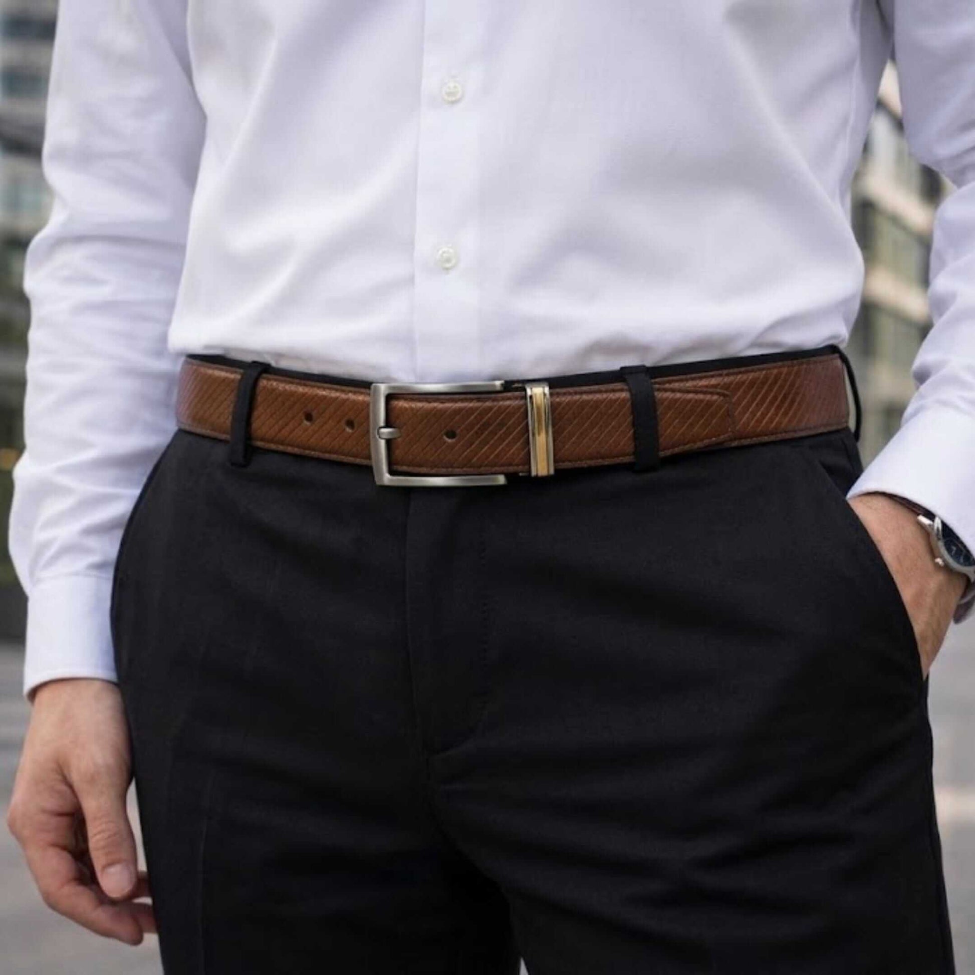 Mens 100% Genuine Leather Belt - STRYX Diagonal Rib Emboss (Brown & Black Reversible) — Leather Belts for Men | THE MEN THING