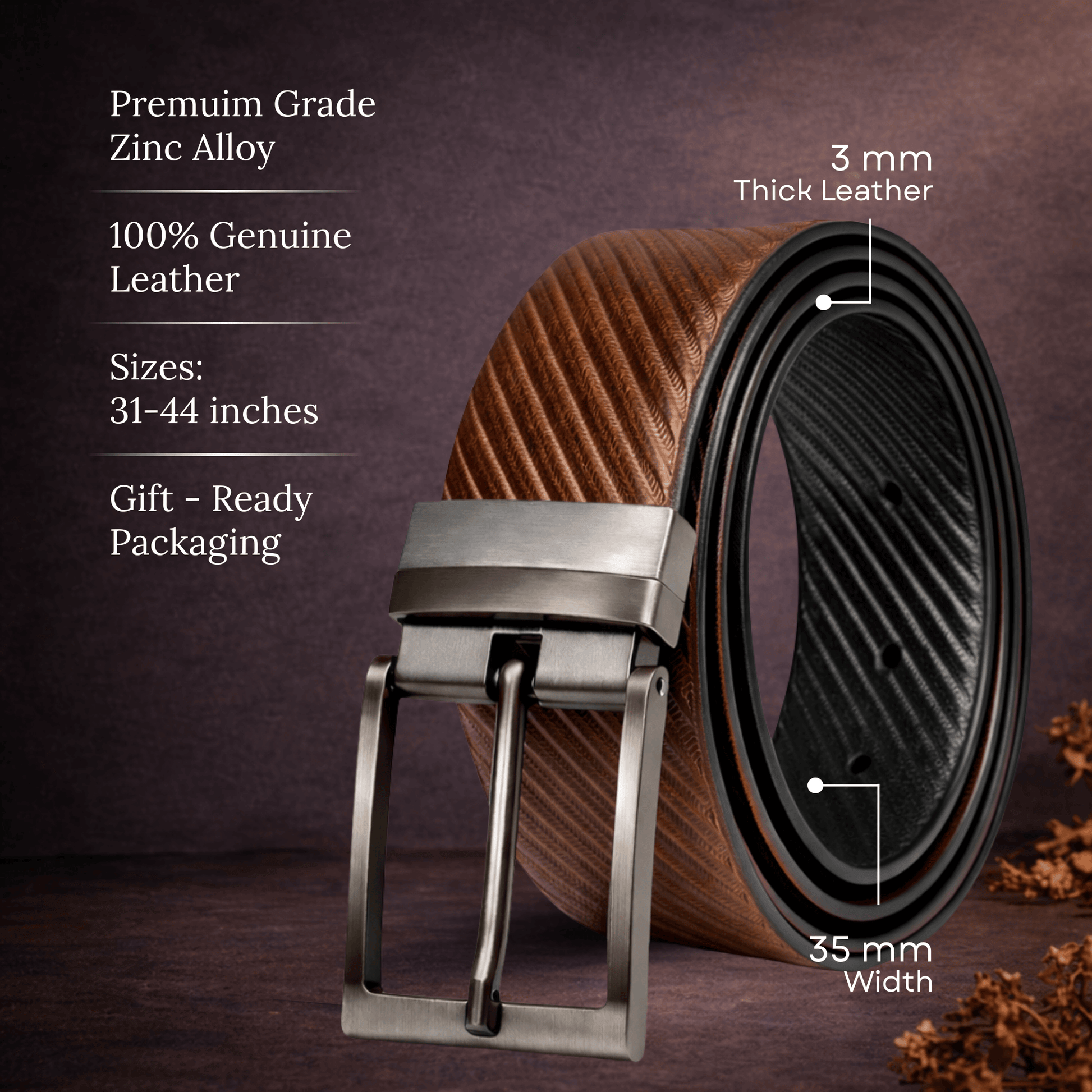Mens 100% Genuine Leather Belt - STRYX Diagonal Rib Emboss (Brown & Black Reversible) — Leather Belts for Men | THE MEN THING