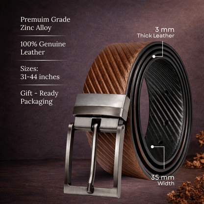 Mens 100% Genuine Leather Belt - STRYX Diagonal Rib Emboss (Brown & Black Reversible) — Leather Belts for Men | THE MEN THING