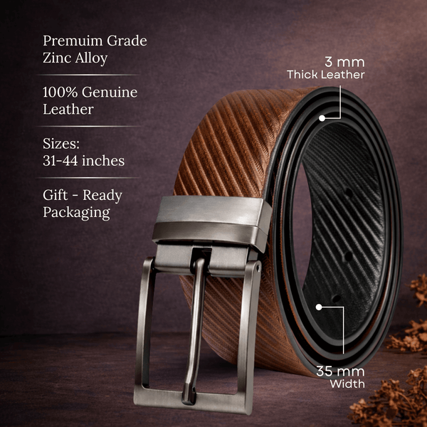 Mens 100% Genuine Leather Belt - STRYX Diagonal Rib Emboss (Brown & Black Reversible)