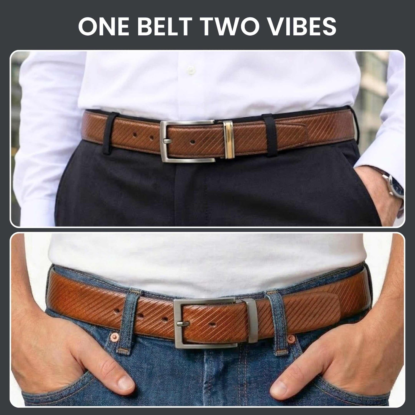 Mens 100% Genuine Leather Belt - STRYX Diagonal Rib Emboss (Brown & Black Reversible) — Leather Belts for Men | THE MEN THING