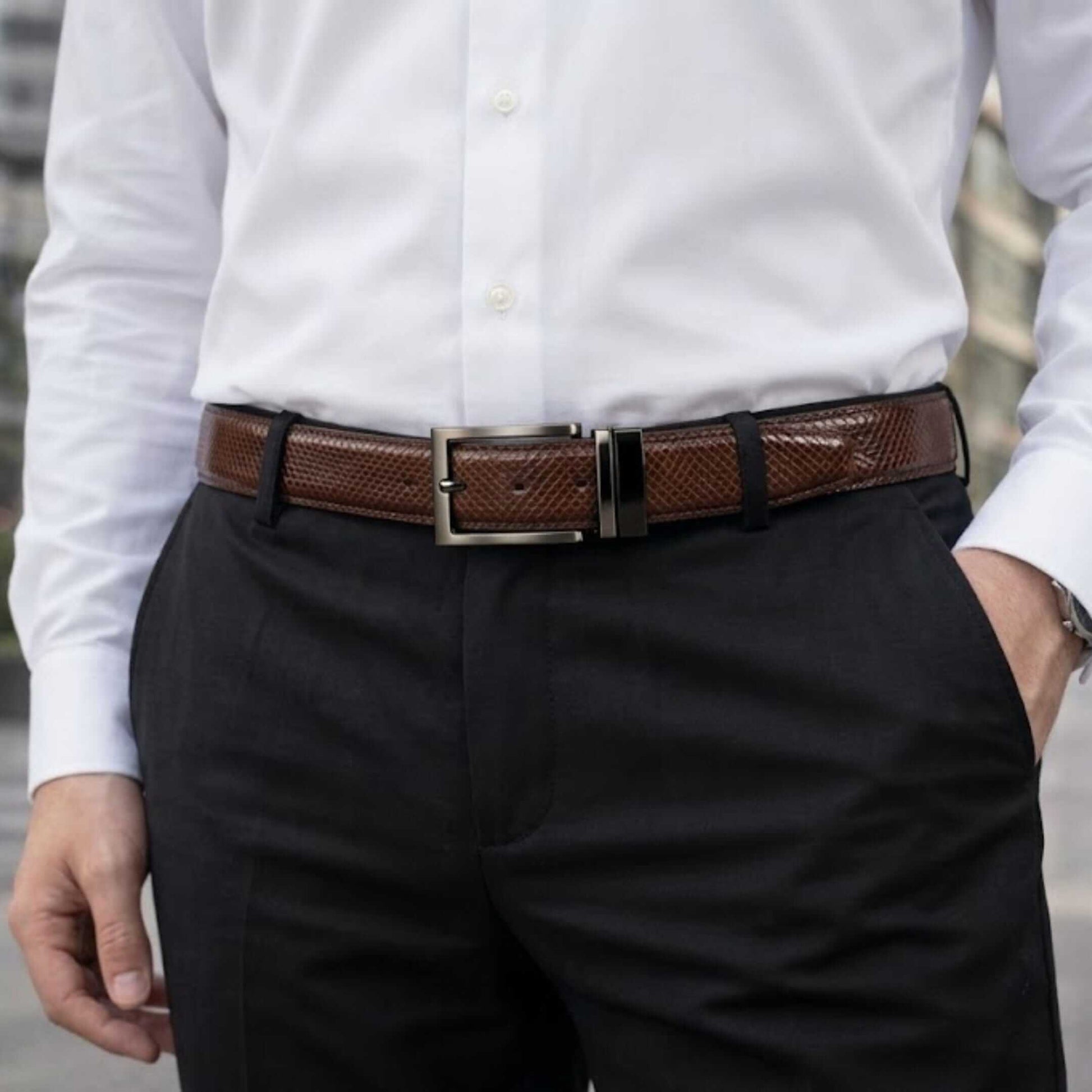 Mens 100% Genuine Leather Belt - STYLON Fine Grain Finish (Brown & Black Reversible) — Leather Belts for Men | THE MEN THING