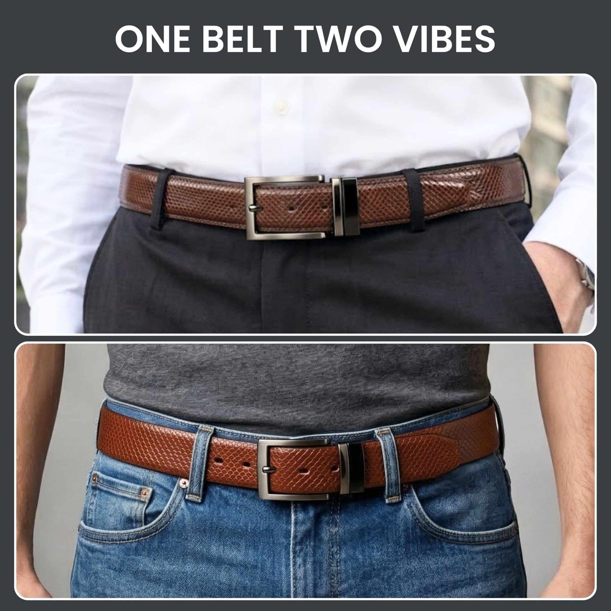 Mens 100% Genuine Leather Belt - STYLON Fine Grain Finish (Brown & Black Reversible) — Leather Belts for Men | THE MEN THING