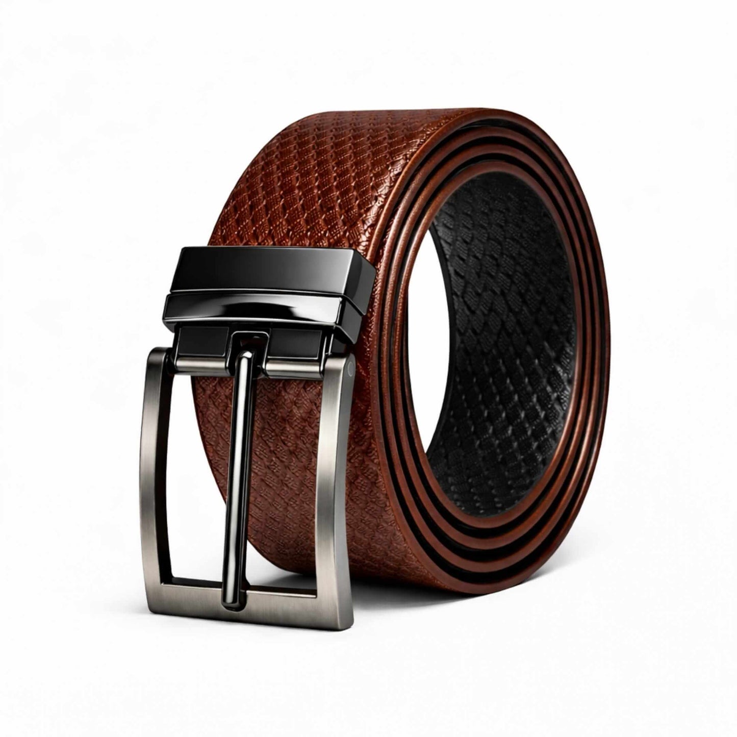 Mens 100% Genuine Leather Belt - TEXAURA Diamond Check Emboss (Brown & Black Reversible) — Leather Belts for Men | THE MEN THING