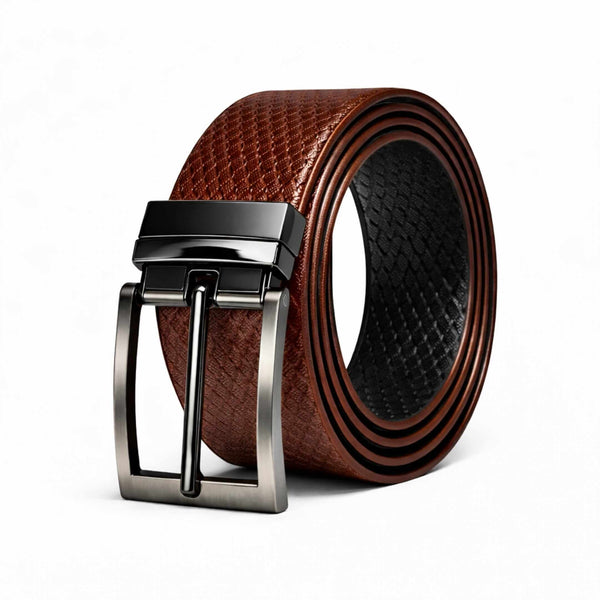 Mens 100% Genuine Leather Belt - TEXAURA Diamond Check Emboss (Brown & Black Reversible)
