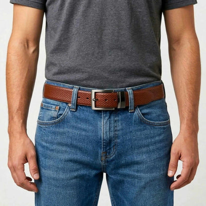 Mens 100% Genuine Leather Belt - TEXAURA Diamond Check Emboss (Brown & Black Reversible) — Leather Belts for Men | THE MEN THING