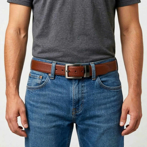 Mens 100% Genuine Leather Belt - TEXAURA Diamond Check Emboss (Brown & Black Reversible)