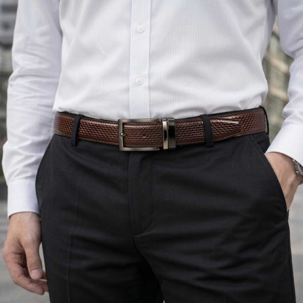 Mens 100% Genuine Leather Belt - TEXAURA Diamond Check Emboss (Brown & Black Reversible)