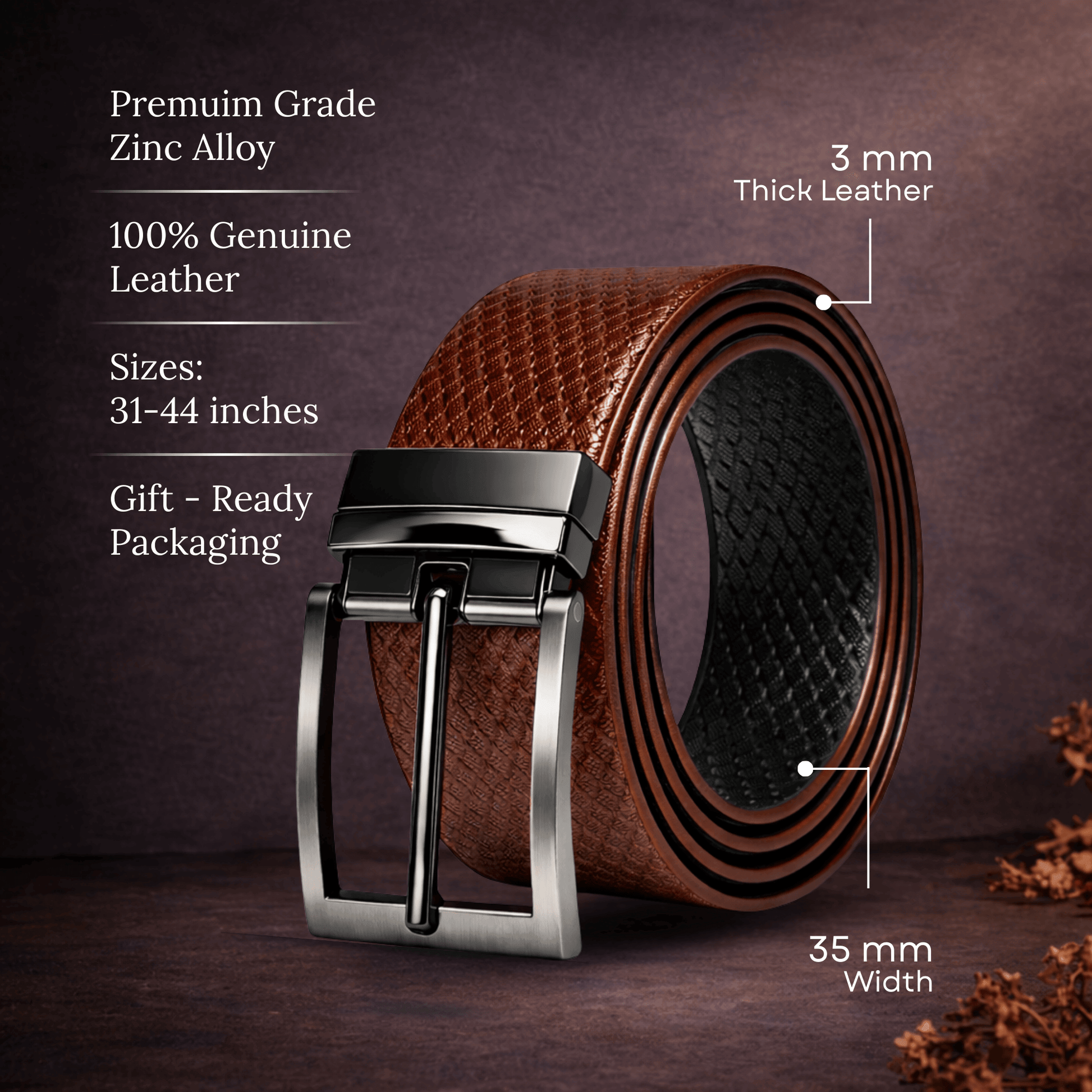 Mens 100% Genuine Leather Belt - TEXAURA Diamond Check Emboss (Brown & Black Reversible) — Leather Belts for Men | THE MEN THING