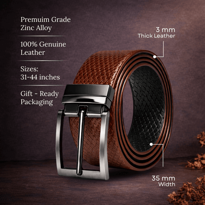 Mens 100% Genuine Leather Belt - TEXAURA Diamond Check Emboss (Brown & Black Reversible) — Leather Belts for Men | THE MEN THING