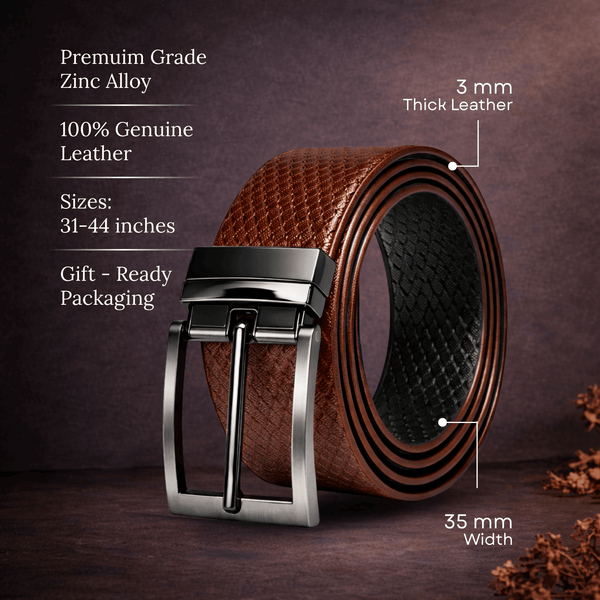 Mens 100% Genuine Leather Belt - TEXAURA Diamond Check Emboss (Brown & Black Reversible)