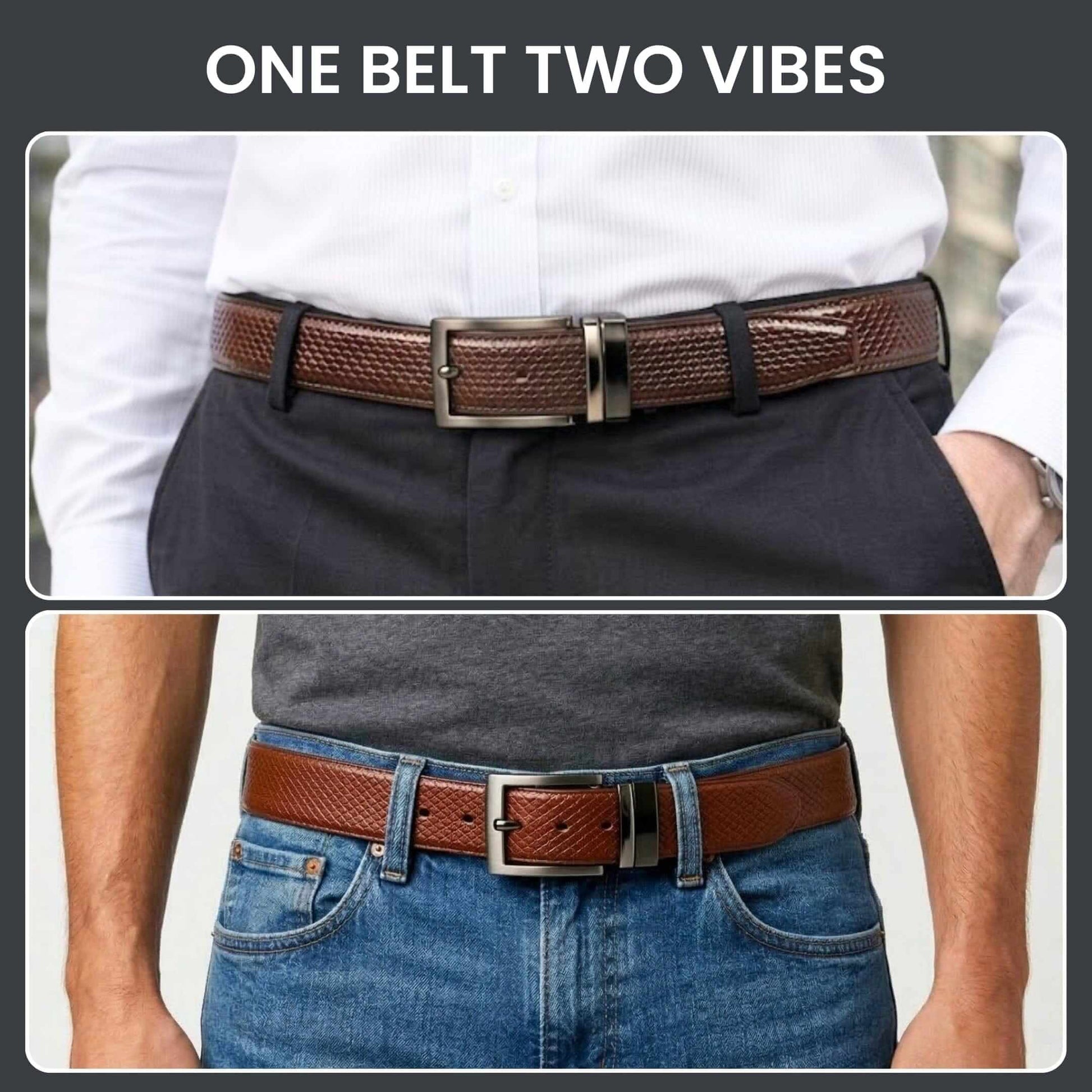 Mens 100% Genuine Leather Belt - TEXAURA Diamond Check Emboss (Brown & Black Reversible) — Leather Belts for Men | THE MEN THING