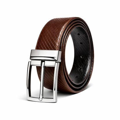 Mens 100% Genuine Leather Belt - TEXLOR Diagonal Pinstripe (Brown & Black Reversible) — Leather Belts for Men | THE MEN THING