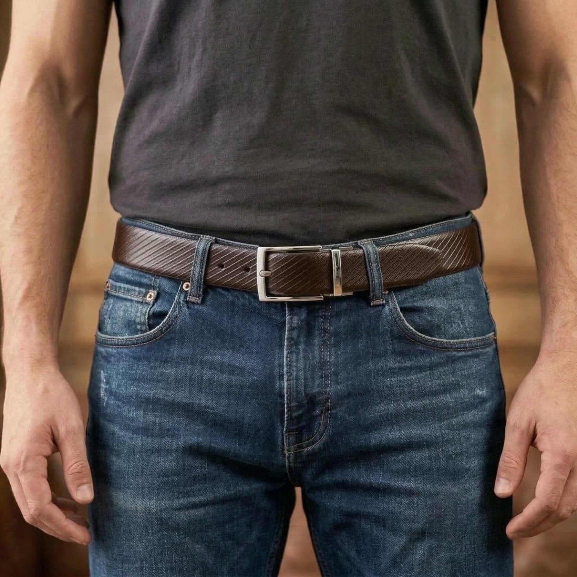 Mens 100% Genuine Leather Belt - TEXLOR Diagonal Pinstripe (Brown & Black Reversible) — Leather Belts for Men | THE MEN THING