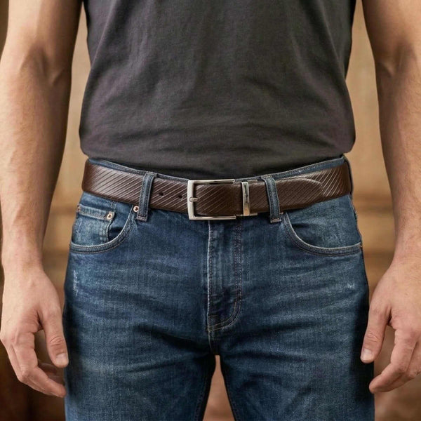 Mens 100% Genuine Leather Belt - TEXLOR Diagonal Pinstripe (Brown & Black Reversible)