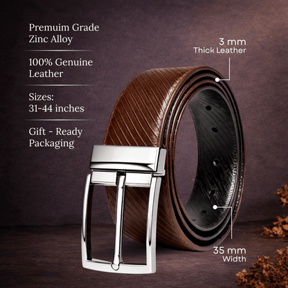 Mens 100% Genuine Leather Belt - TEXLOR Diagonal Pinstripe (Brown & Black Reversible) — Leather Belts for Men | THE MEN THING