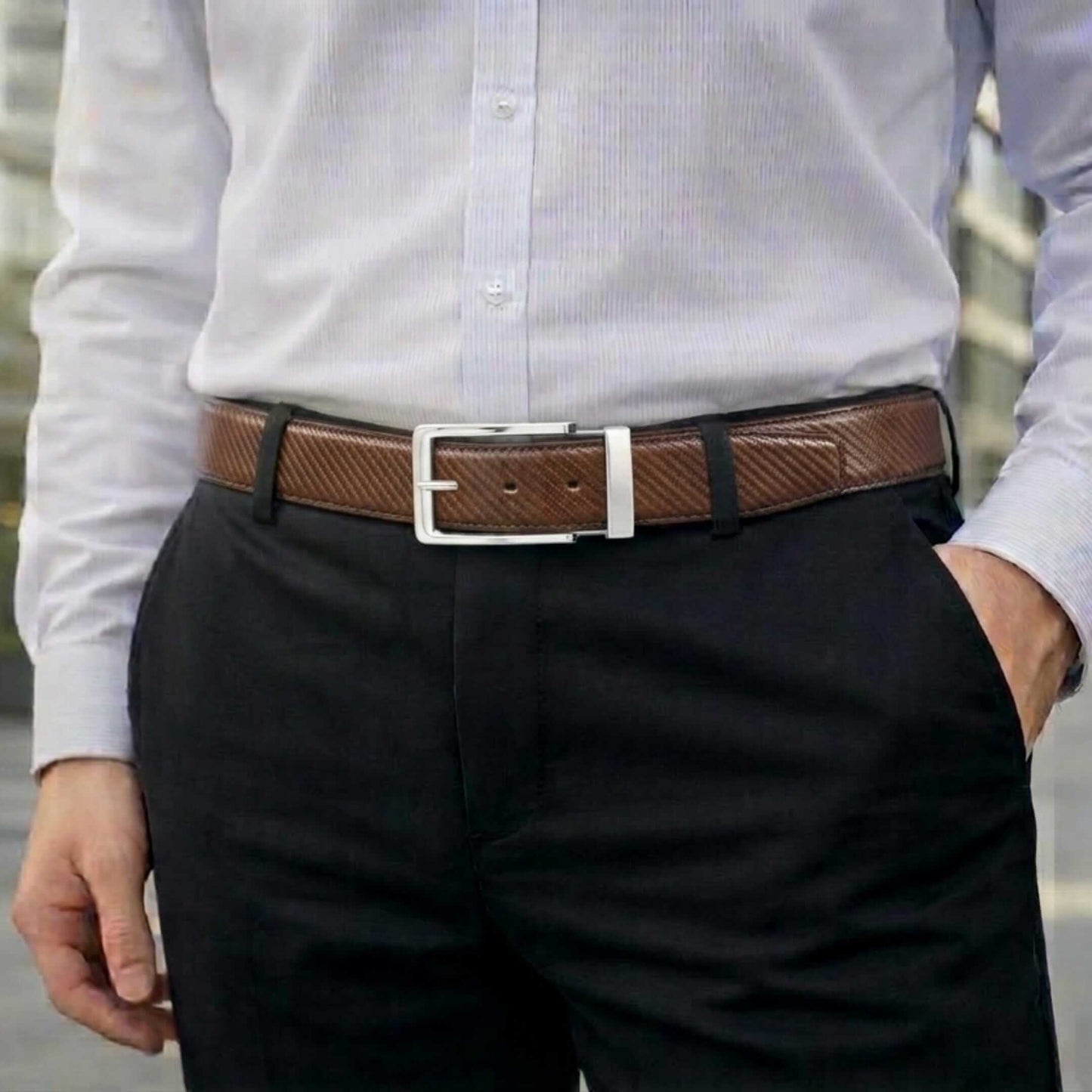 Mens 100% Genuine Leather Belt - TEXLOR Diagonal Pinstripe (Brown & Black Reversible) — Leather Belts for Men | THE MEN THING