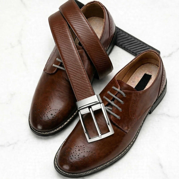 Mens 100% Genuine Leather Belt - TEXLOR Diagonal Pinstripe (Brown & Black Reversible)