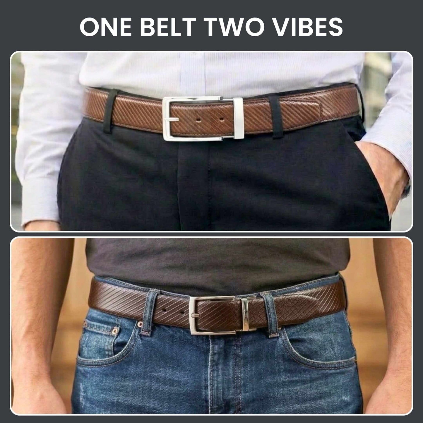Mens 100% Genuine Leather Belt - TEXLOR Diagonal Pinstripe (Brown & Black Reversible) — Leather Belts for Men | THE MEN THING