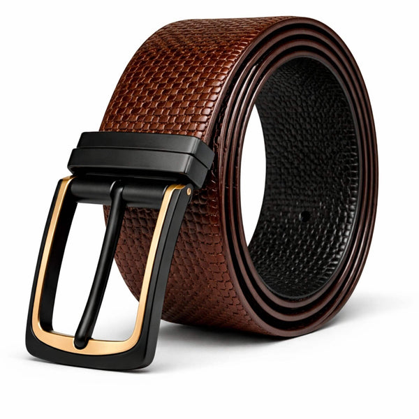 Mens 100% Genuine Leather Belt - TEXTURON Woven Grid Emboss (Brown & Black Reversible)