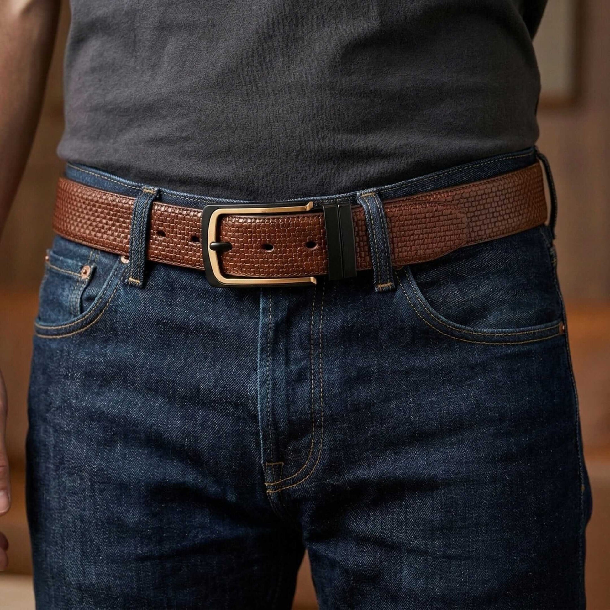 Mens 100% Genuine Leather Belt - TEXTURON Woven Grid Emboss (Brown & Black Reversible) — Leather Belts for Men | THE MEN THING