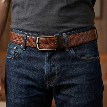 Mens 100% Genuine Leather Belt - TEXTURON Woven Grid Emboss (Brown & Black Reversible) — Leather Belts for Men | THE MEN THING